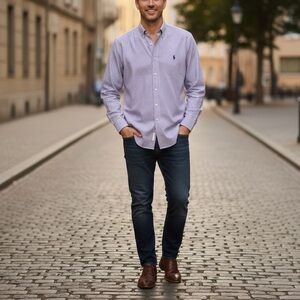 Ralph Lauren Men’s Purple Checkered Classic Fit Button Down - Navy Horse